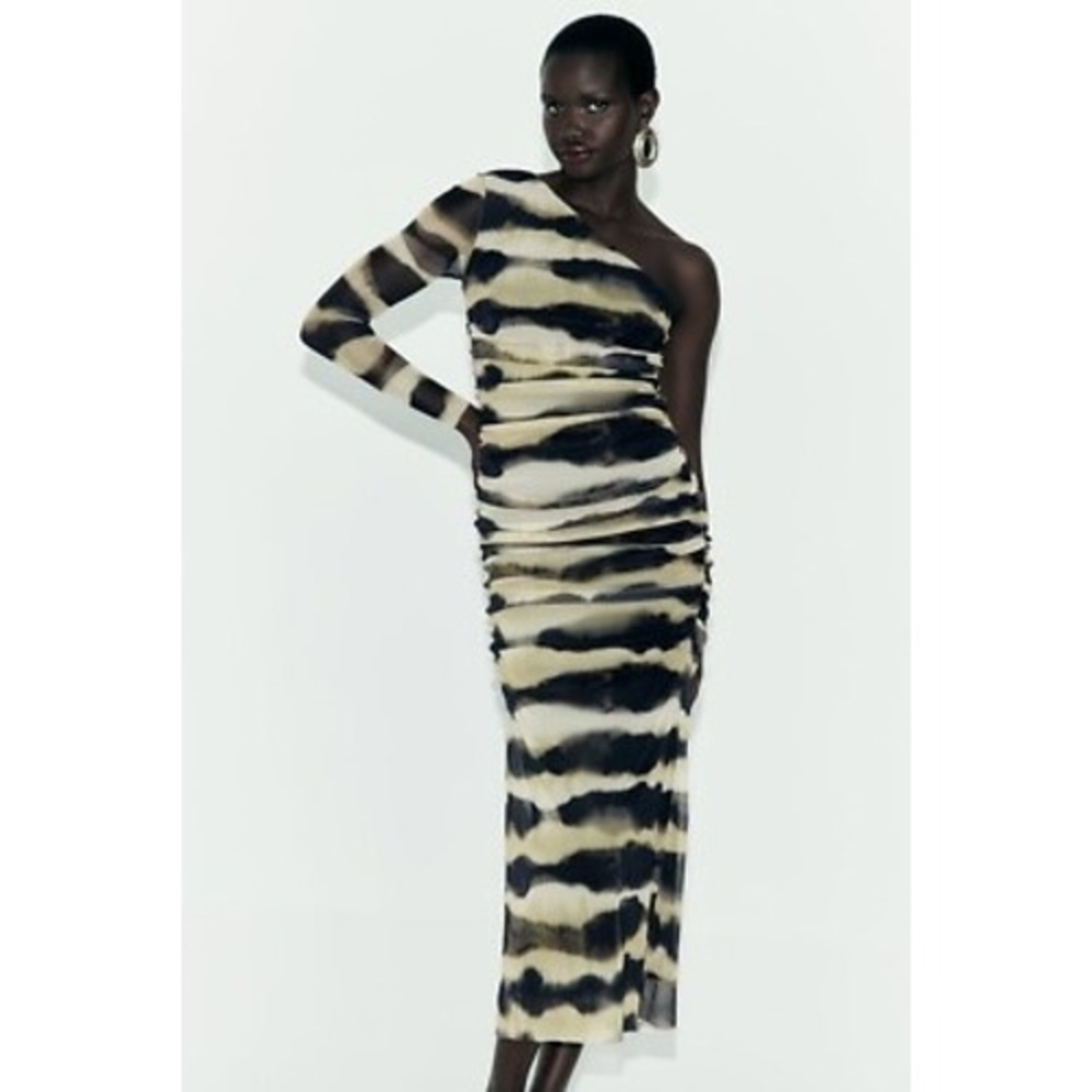 Zara Dress Women Small Black Tan One Shoulder Ruched Mesh Tie Dye Midi Bodycon